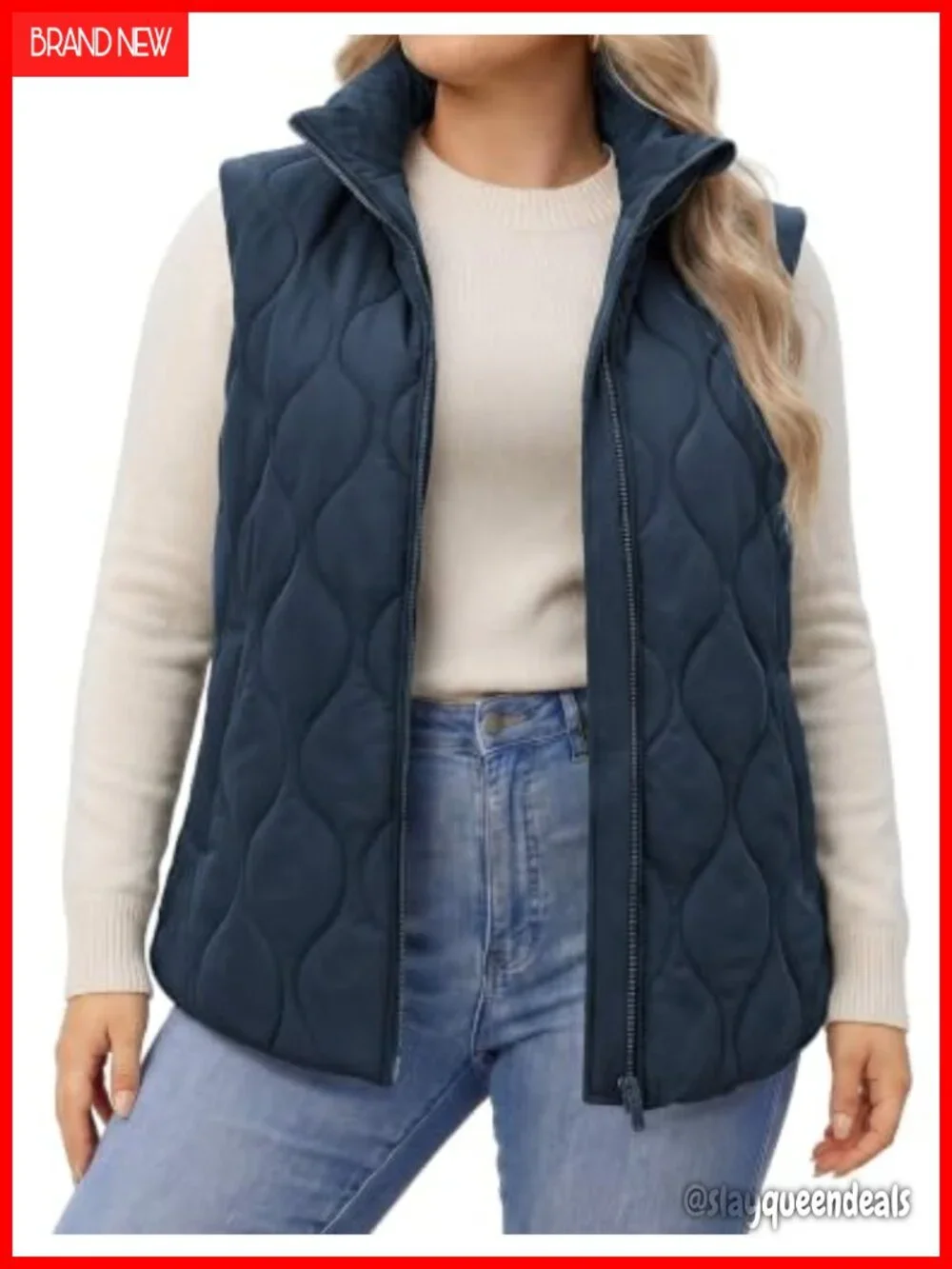 Plus Size Puffer Vest Quilted Jacket with Pockets Stand Collar Zip Up